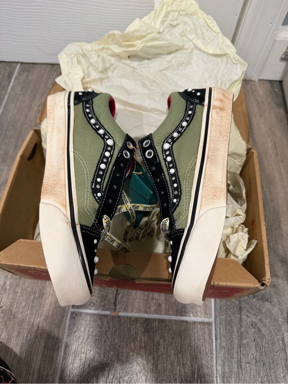Vans OTW x Satoshi Nakamoto Olive and Black Pearl-Trim Slip-On Sneakers - Picture 6 of 9